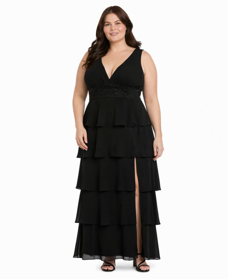 Plus Size Sleeveless V-Neck Tired Skirt Front-Slit Dress