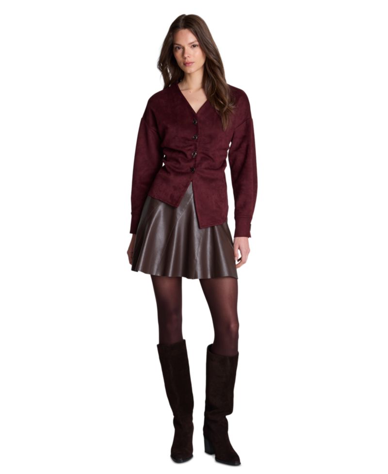 Women's Asymmetric Hem Pleated Faux Suede Shirt