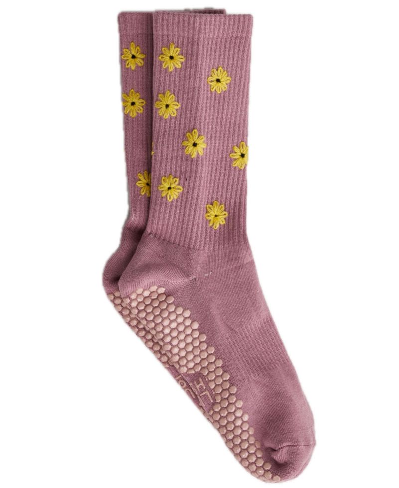 Women's Daisy Grip Embroidered Daisies Honeycomb Grip Crew Socks