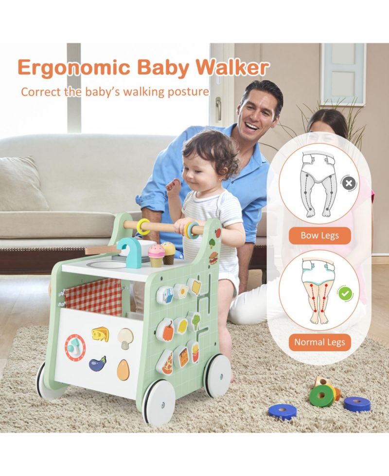6-in-1 Baby Push Walker Wooden Strollers Activity Center Toy with