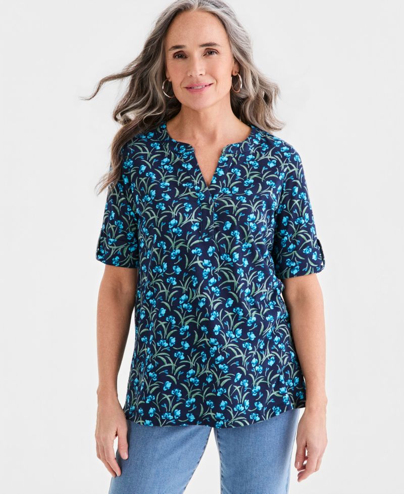 Women's Printed Split-Neck Elbow-Sleeve Tunic