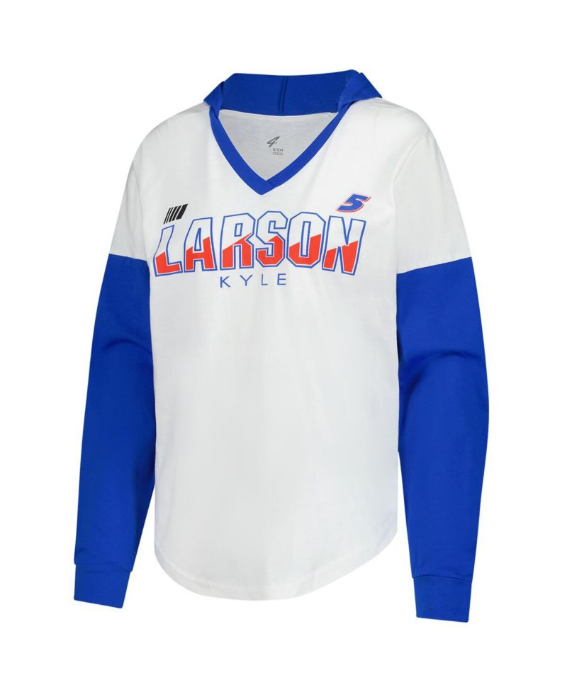 Women's White/Royal Kyle Larson Bench Player Oversized Long Sleeve Hoodie V-Neck T-Shirt