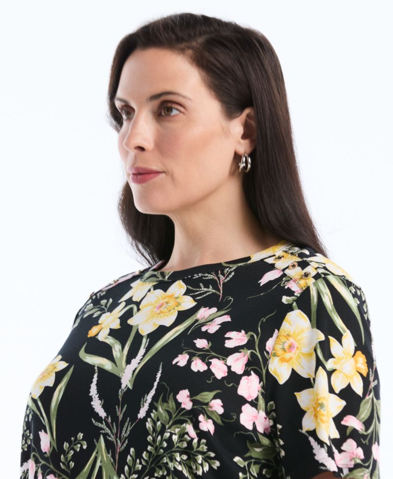 Plus Size Garden Print Button-Detail Short-Sleeve Top