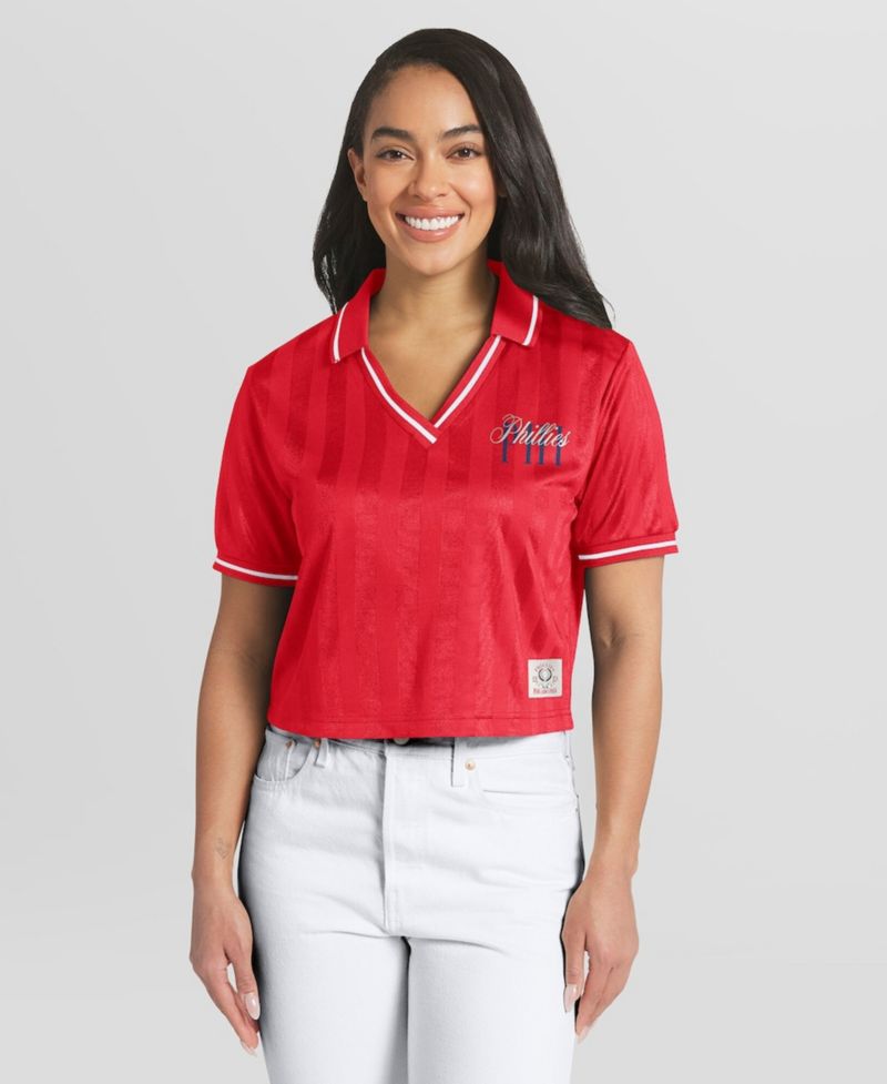Women's Red Philadelphia Phillies Cropped V-Neck Polo Shirt