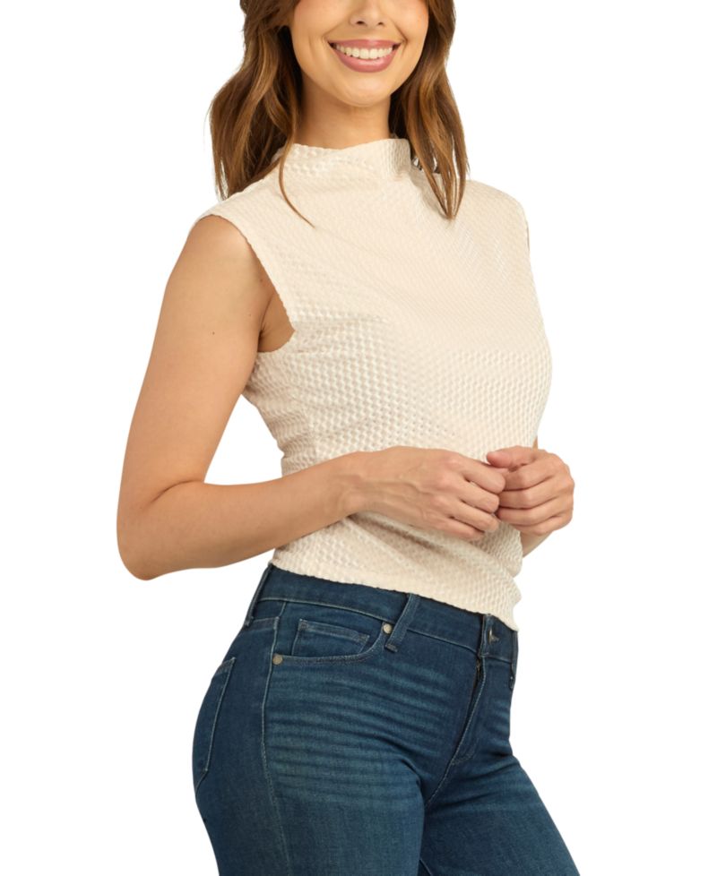 Juniors' Mock Neck Diamond Velvet Shirred Tank Top