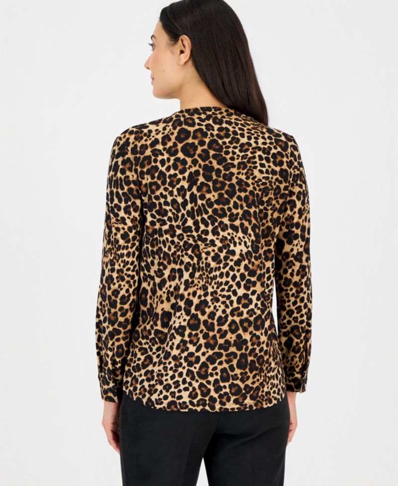 Petite Long-Sleeve Leopard-Print Blouse