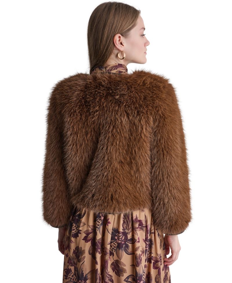 Women's Cropped Faux Fur Jacket with Faux Leather Trim