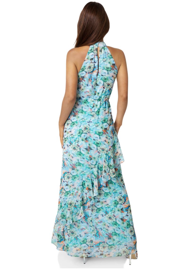 Womens Printed Chiffon Halter Ruffle Dress