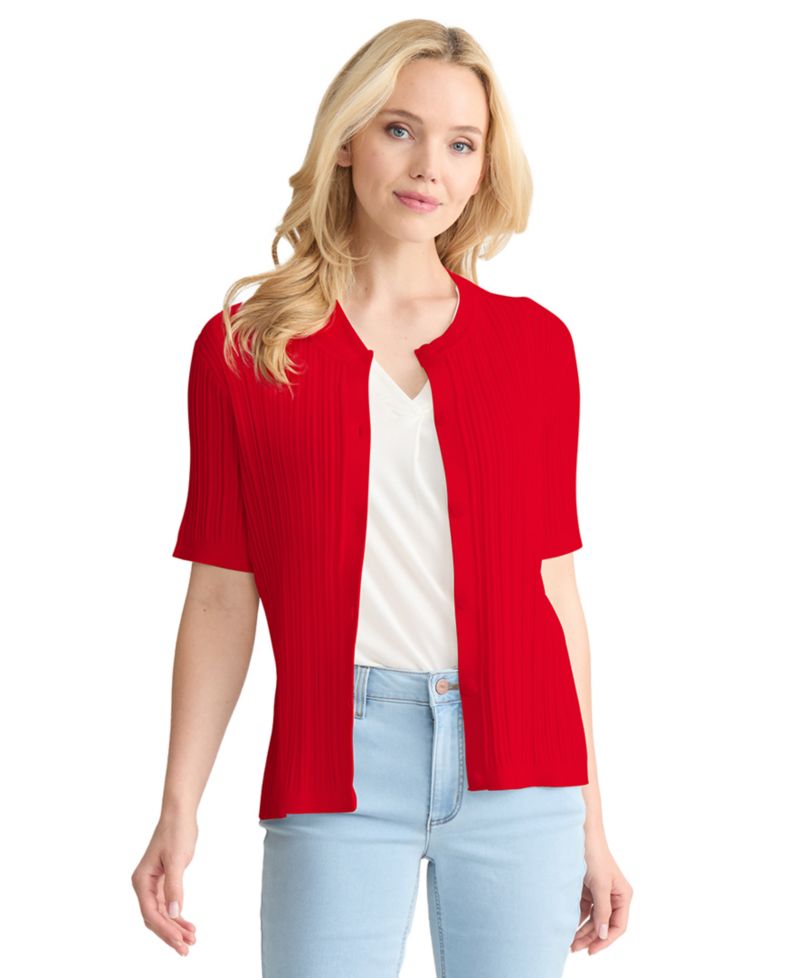 Petite Short-Sleeve Pointelle Cardigan