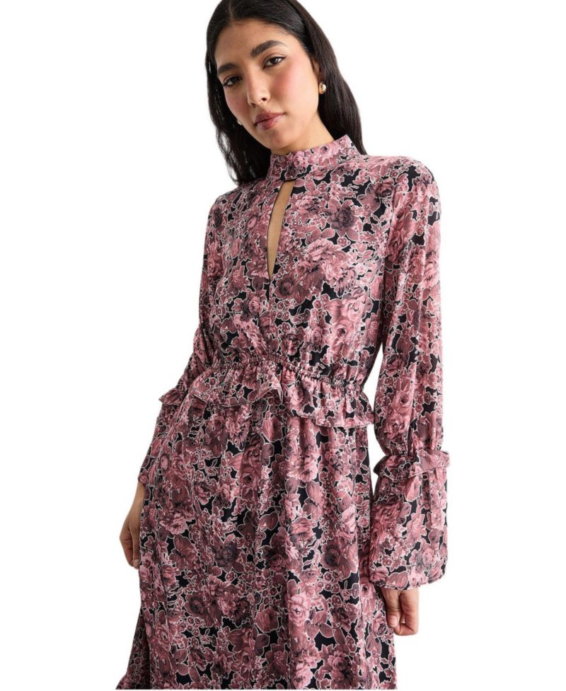 Women's Chiffon Shirred High Neck Midi Dress