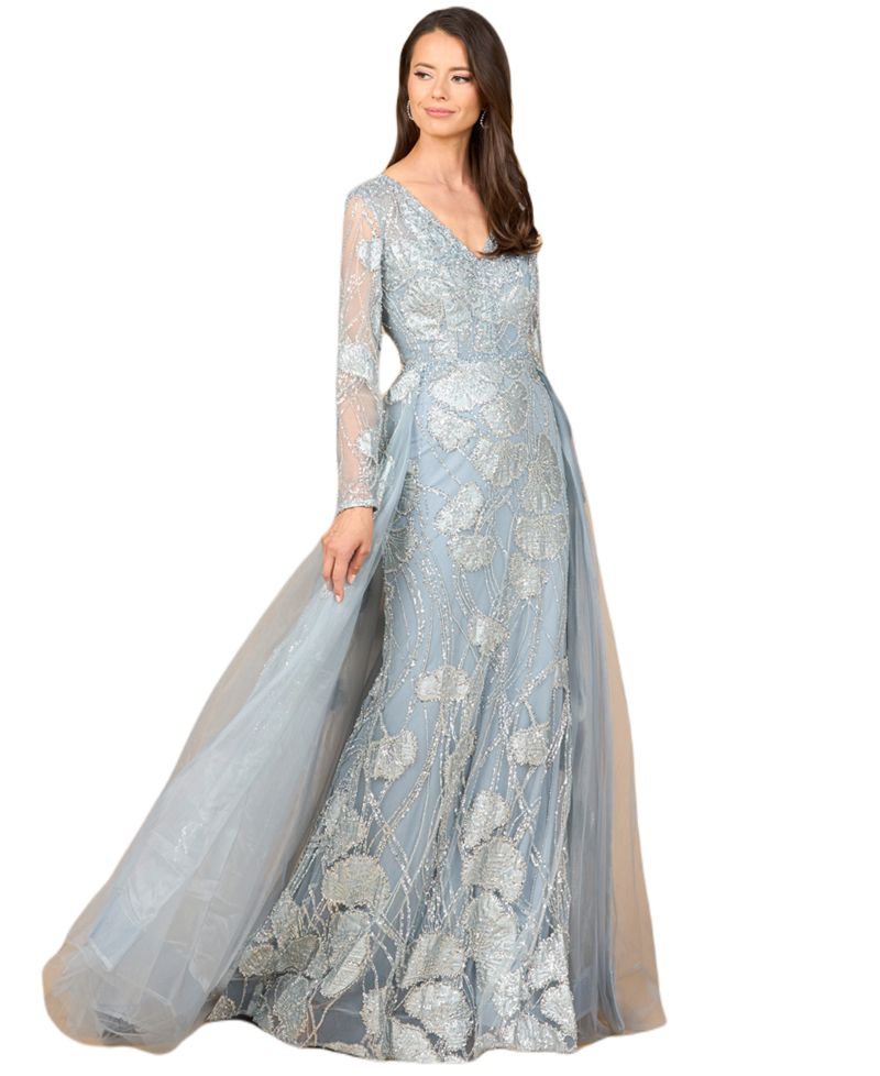 Women's Long Sleeve Lace Gown with Overskirt