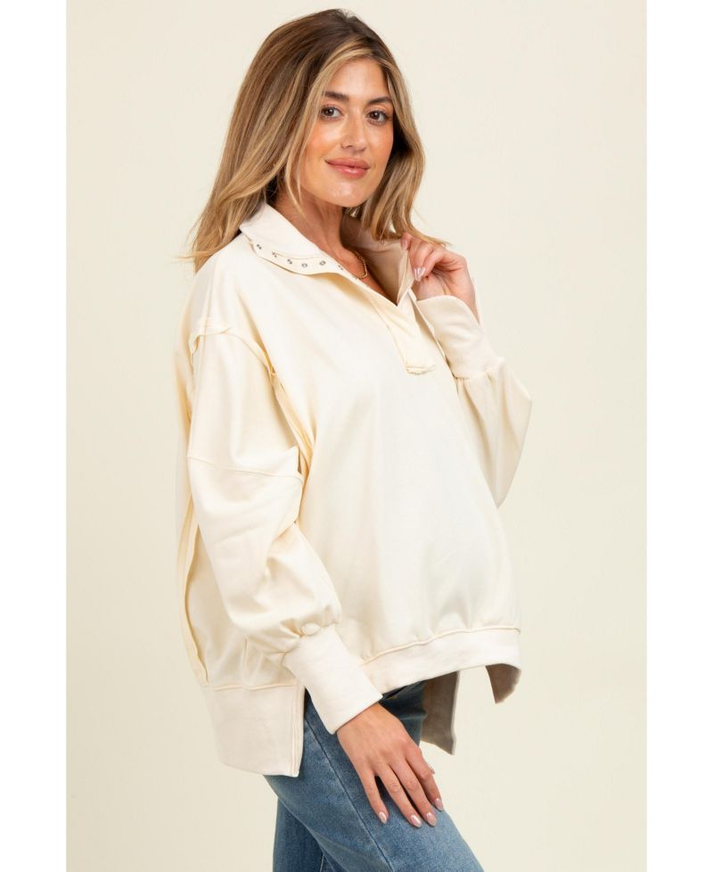 Women's Cream Snap Button Pullover Henley Sweatshirt