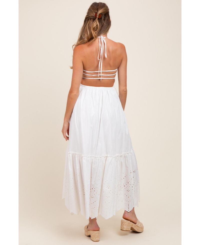 Women's White Smocked Open Back Lace Hem Maxi Dress