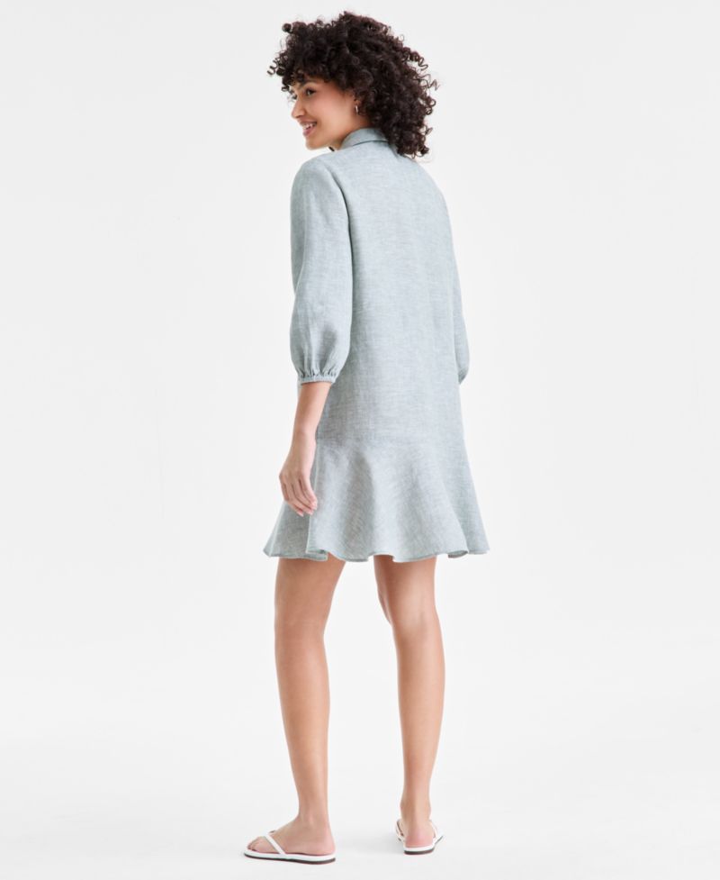Plus Size 100% Linen Collared Flounce Dress
