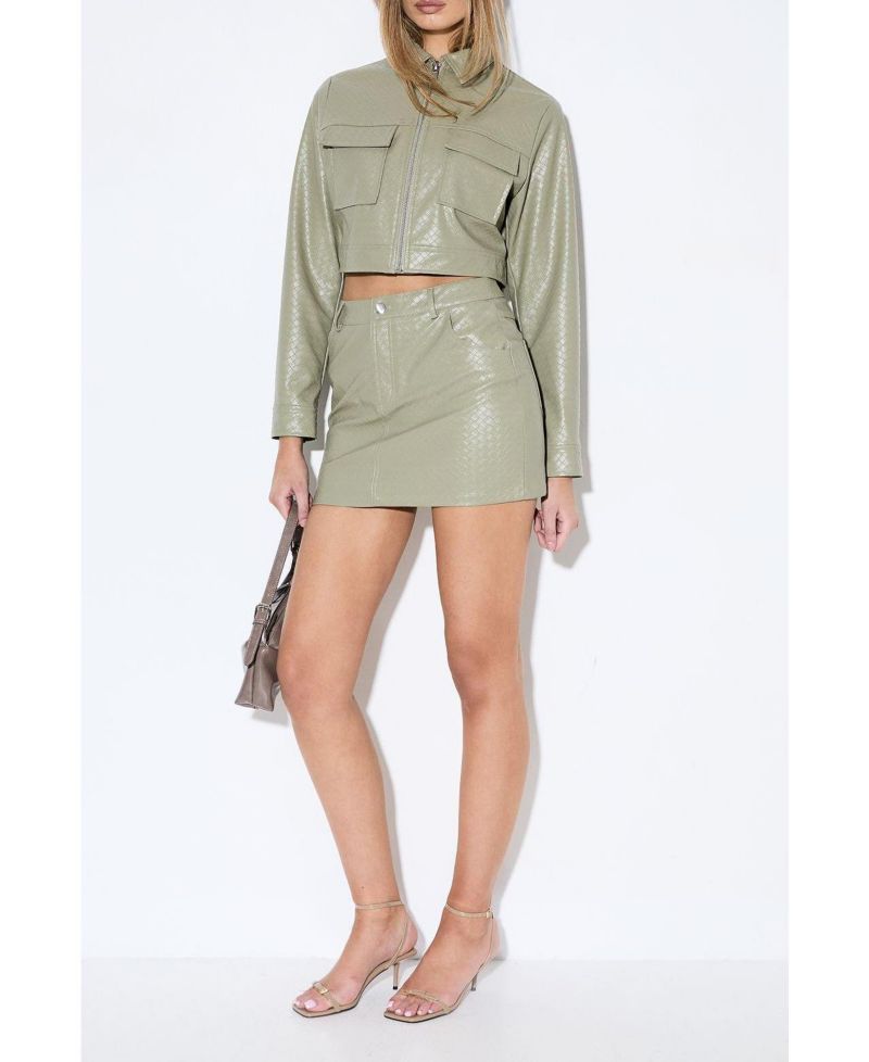 Women's Woven Detail Faux Leather Jacket