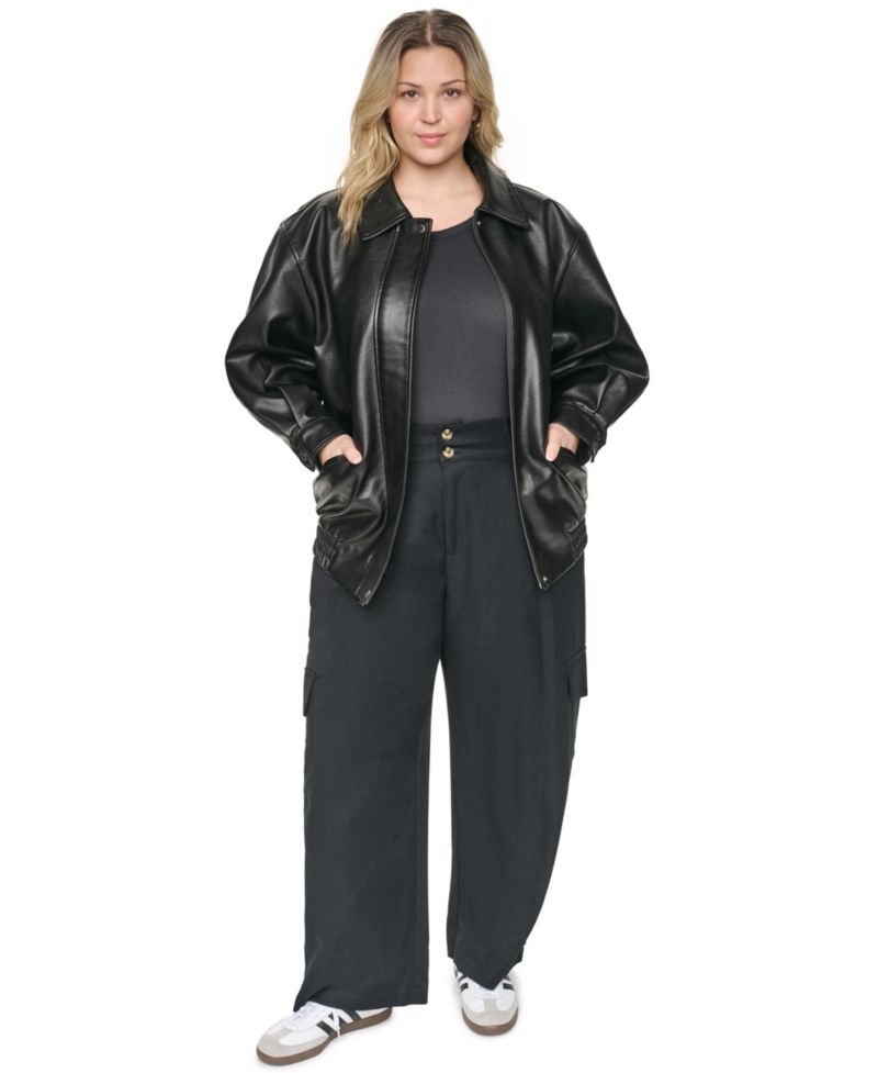 Plus Size Relaxed-Fit Faux Leather Bomber Jacket