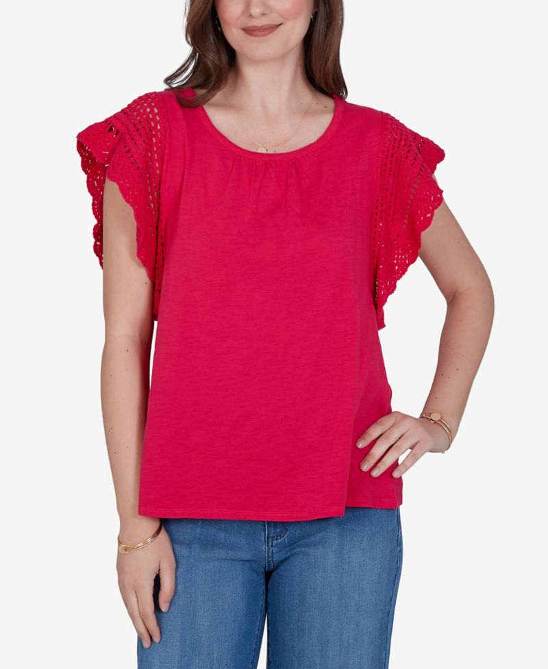 Petite Crochet-Sleeve Solid Cotton Blouse