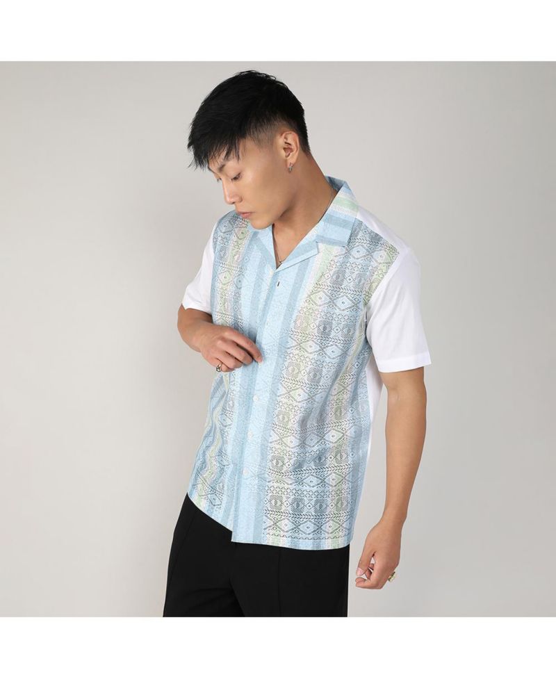 Men's Light Blue & Pale Yellow Fish Eye Ethnic Shirt