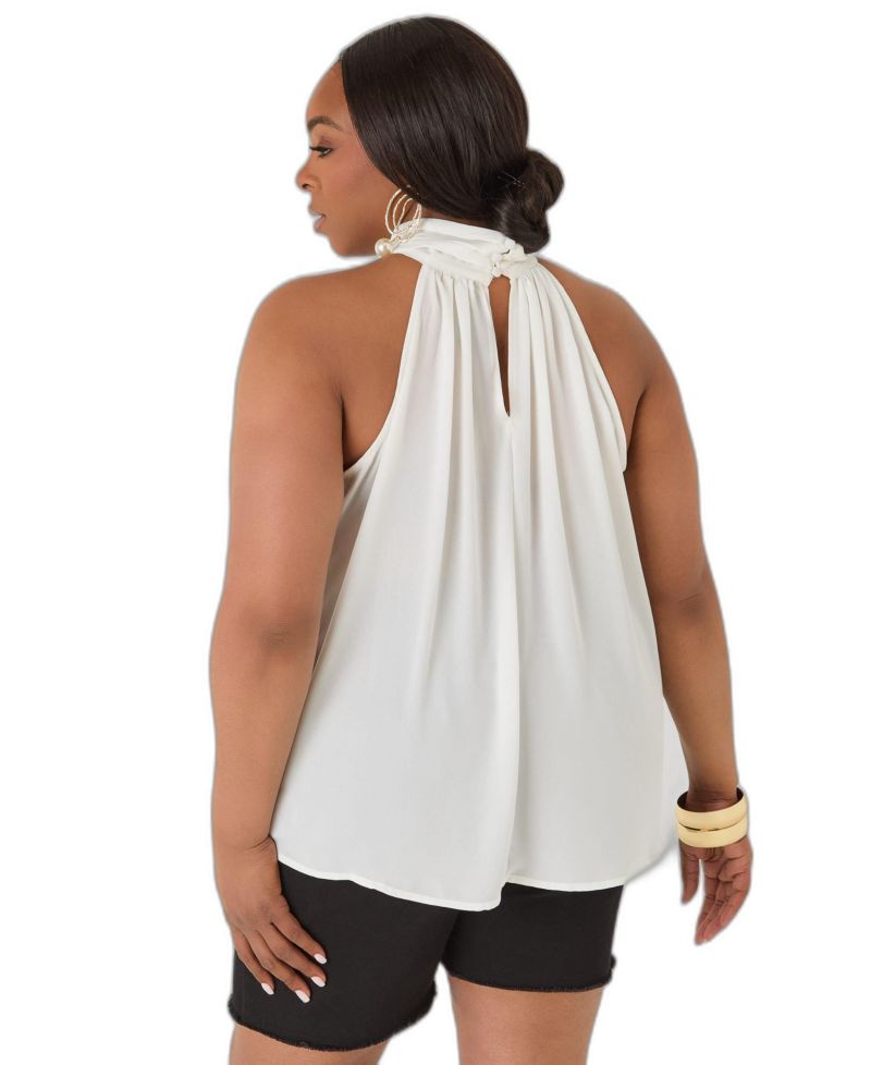 Women's High-Neck Crepe Keyhole-Back Top