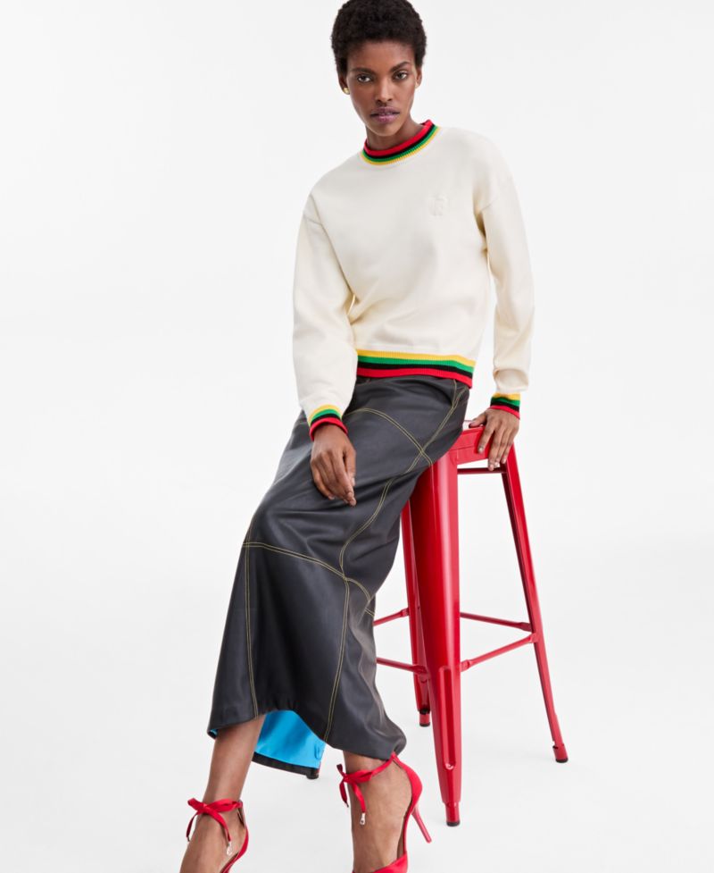 Women's Striped-Trim Crewneck Long-Sleeve Logo Sweater