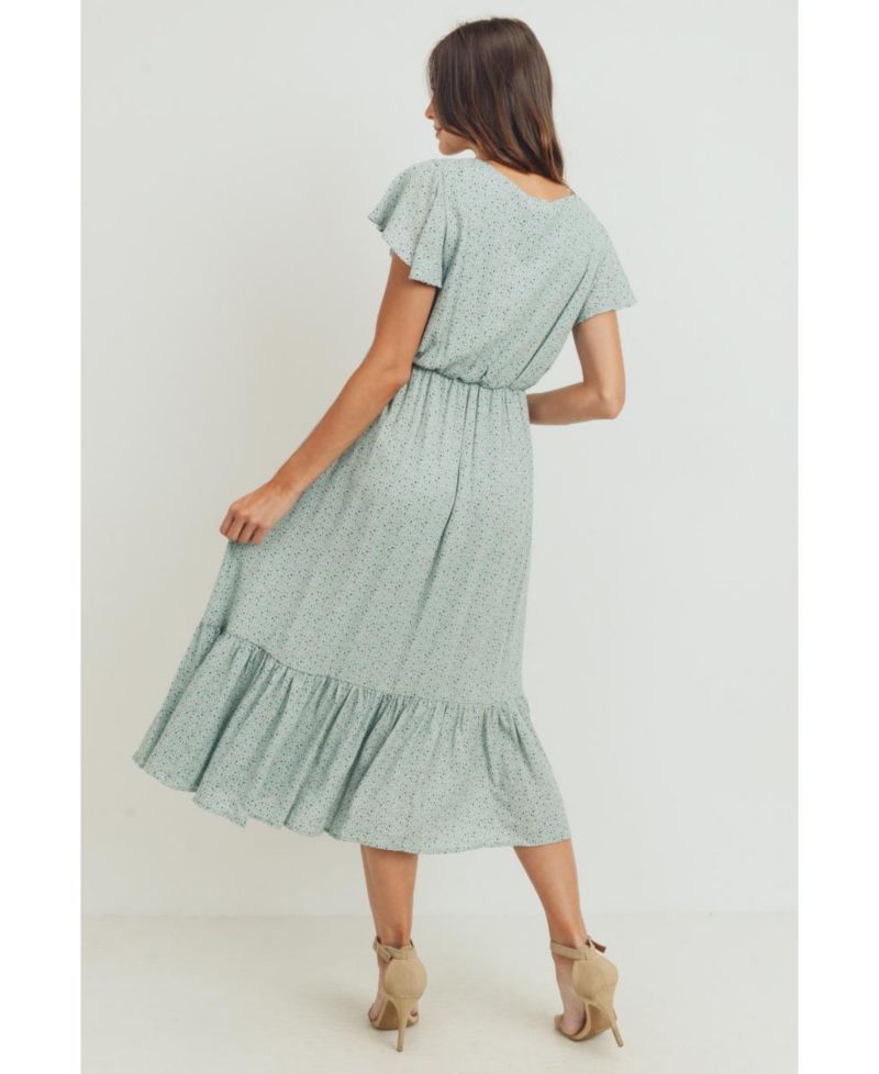 Women's Flutter Sleeve V-Neck Empire Waist Midi Dress