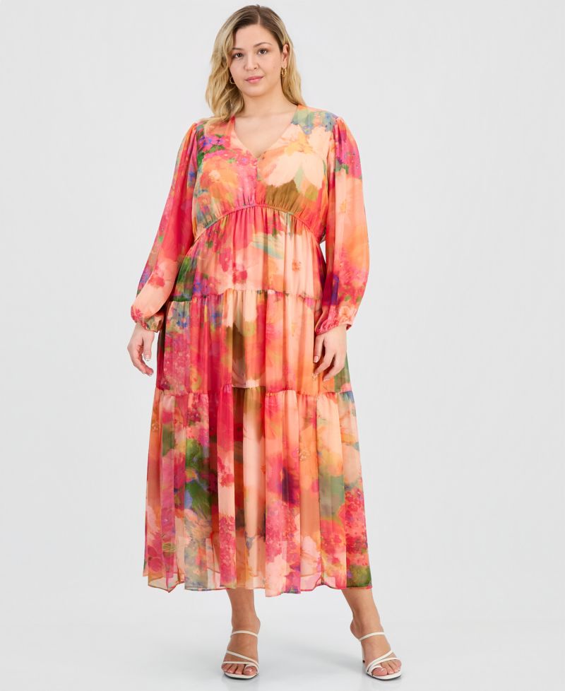 Plus Size V-Neck Tiered Maxi Dress