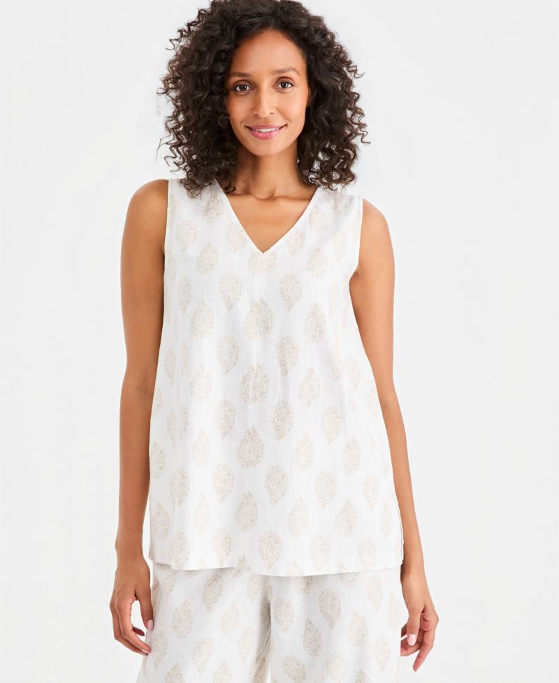 Women's Printed Sleeveless Linen V-Neck Tunic