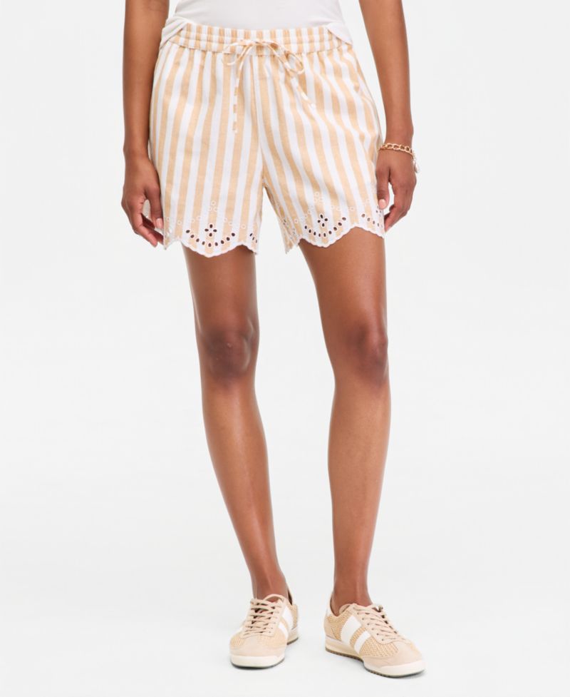 Women's Stripe Mid-Rise Embroidered Eyelet Linen Blend Pull-On Shorts