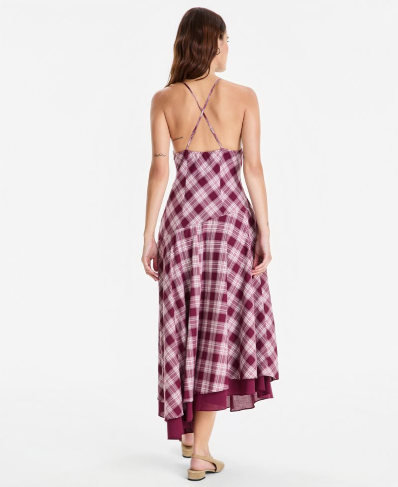 Plus size Cotton Plaid Cami-Strap Asymmetric Dress