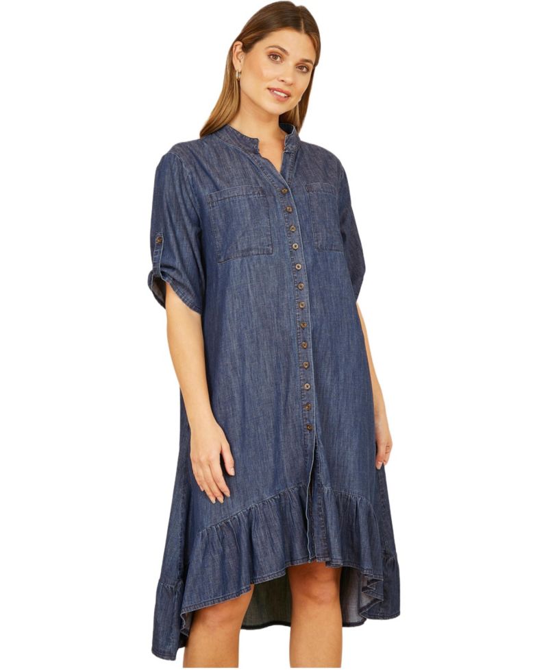 Women's Denim Dip Hem Relaxed Fit Shirt Dress