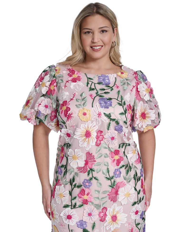 Petite Boat Neck Floral Embroidered Mesh Dress