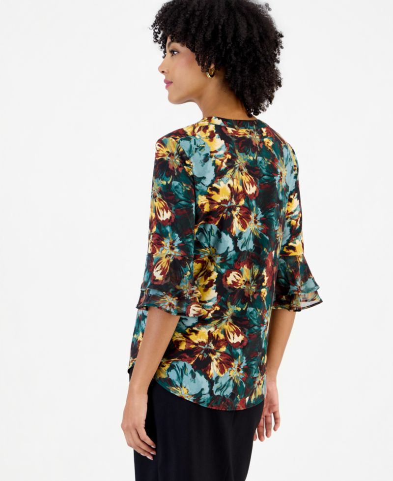 Petite Split Neck Floral-Print 3/4-Length Flutter-Sleeve Tunic