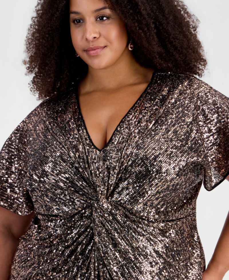 Plus Size Sequined V-Neck Dolman-Sleeve Top