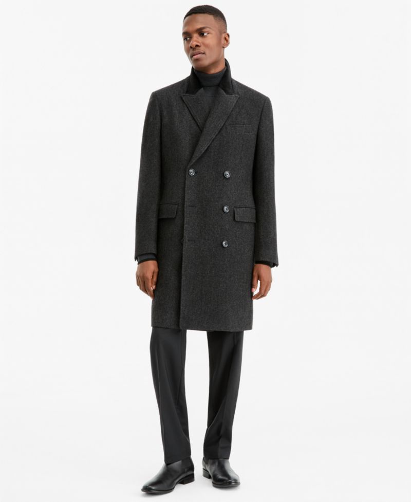 Men's Modern-Fit Herringbone Charcoal Overcoat