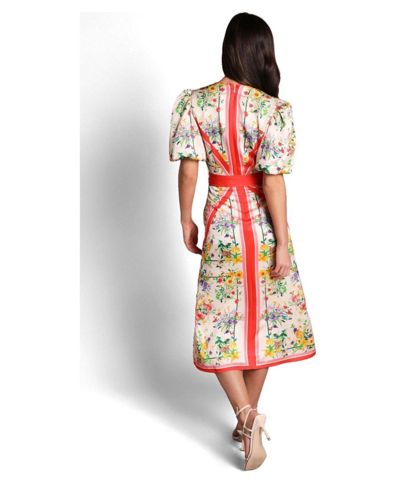 Women's Satin Scarf Print V-Neck Midi Dress