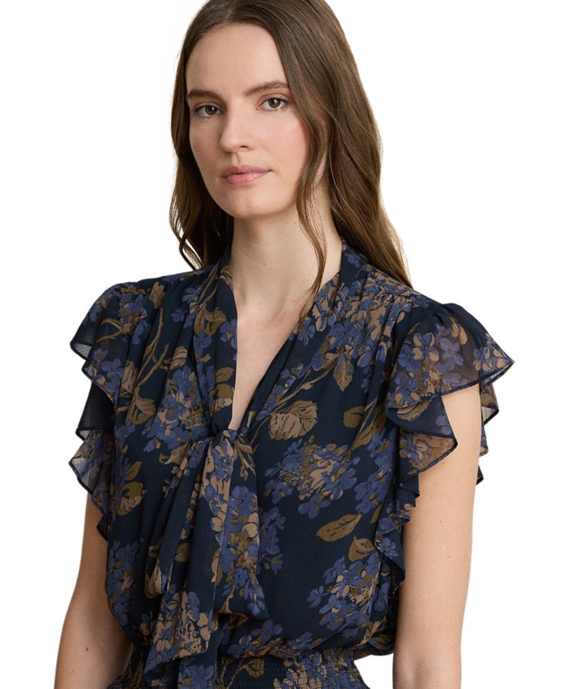 Petite Floral Crinkle Georgette Tie-Neck Midi Dress