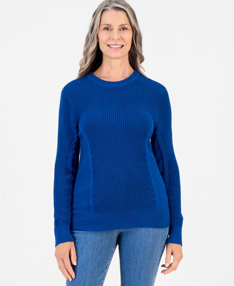Petite Mixed Rib Cable-Knit Cotton Crewneck Pullover
