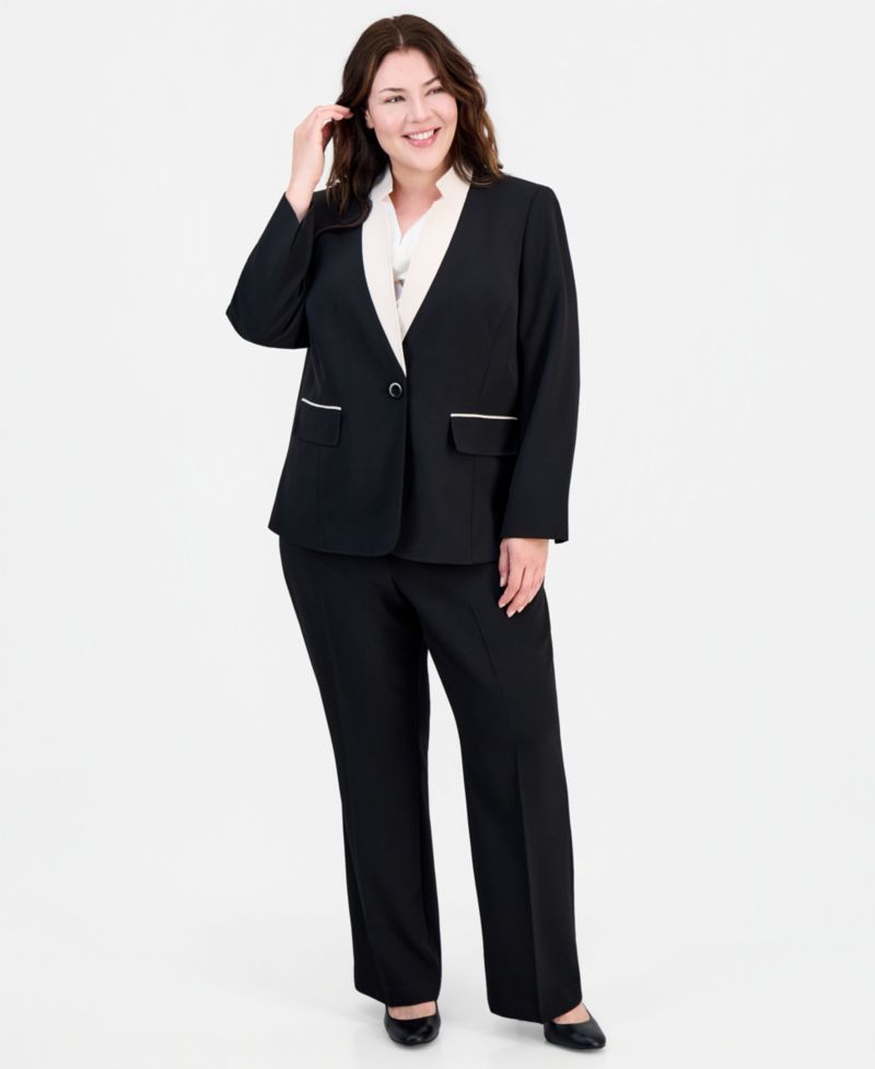 Plus Size Contrast Collar One-Button Blazer