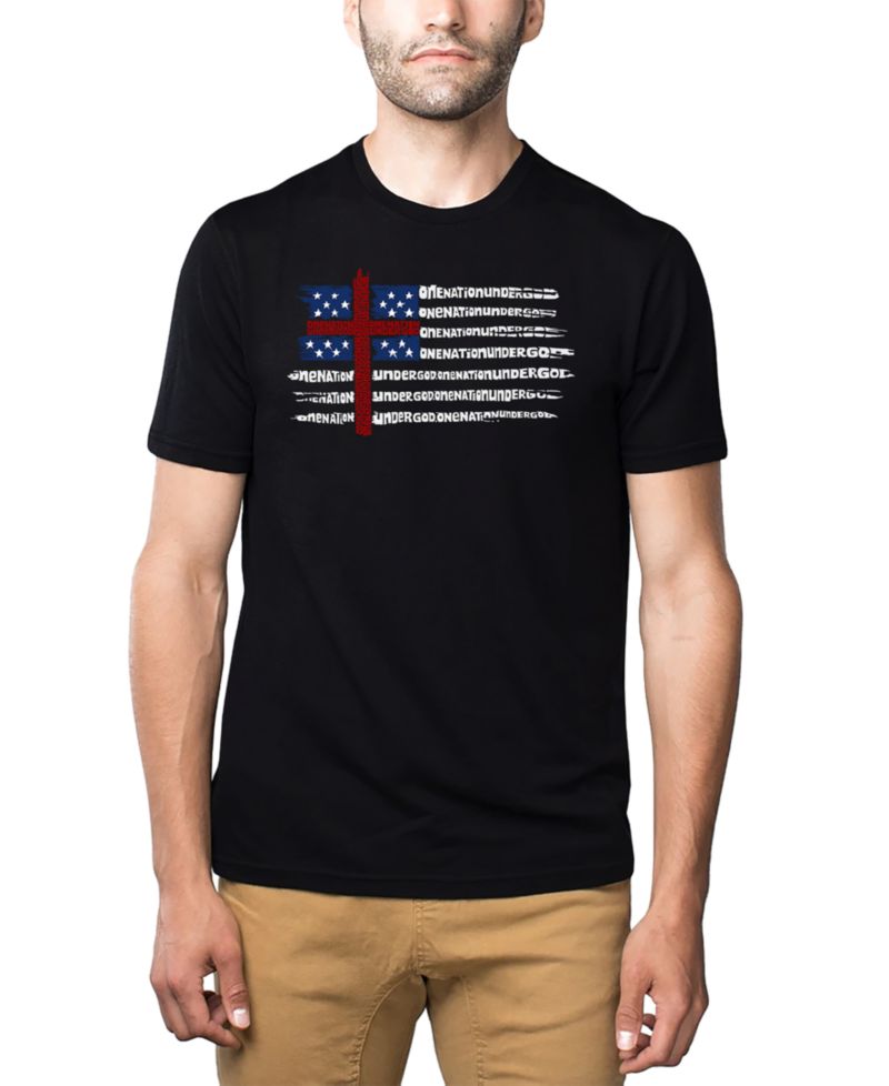 Men's One Nation Under God American Flag Cross Word Art Cotton and Polyester Blend T-Shirt