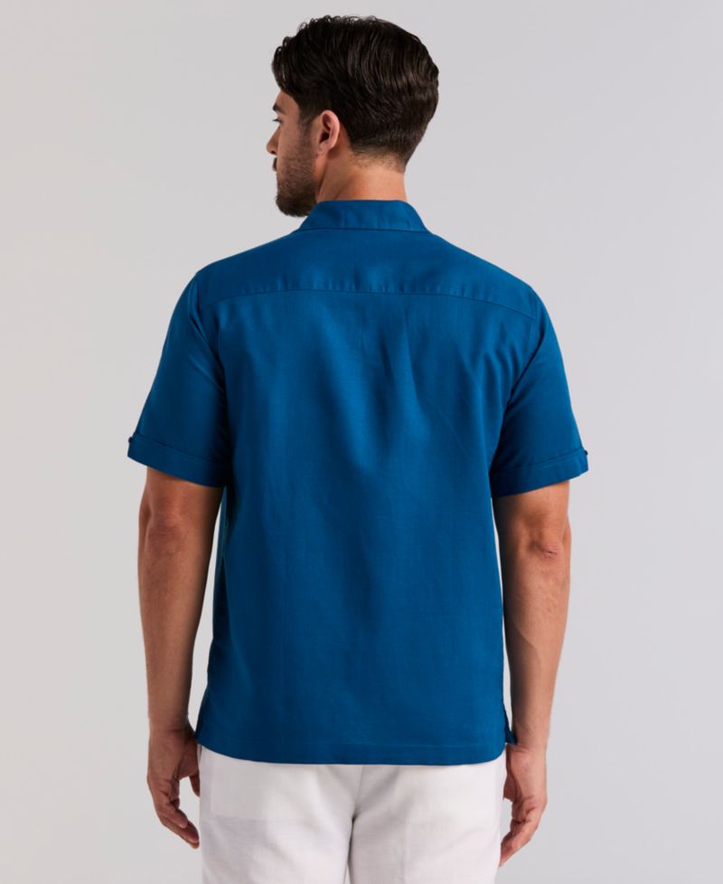 Men's Short-Sleeve Panel Button-Front Linen Camp Shirt