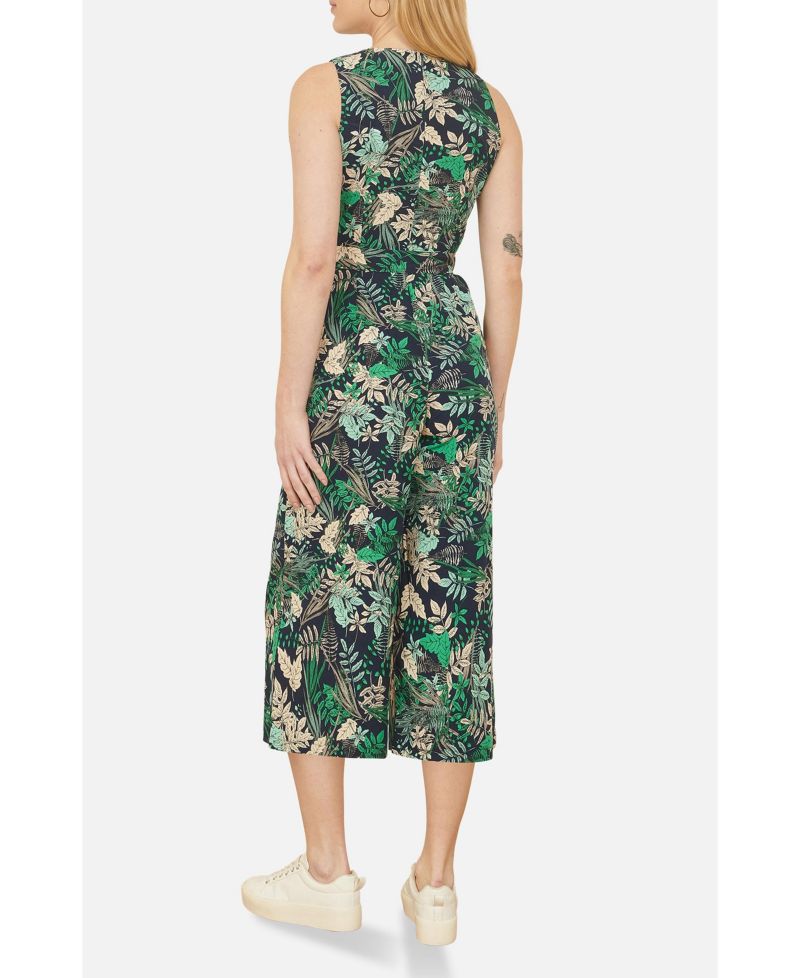 Women's Sleeveless Leaf Print Culotte Jumpsuit
