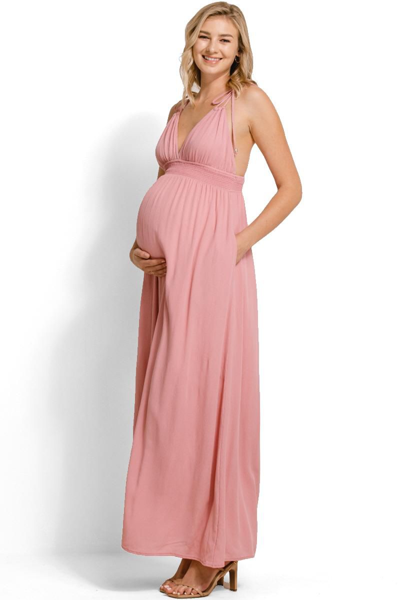 Women's V-Neck Tie Strap Empire Waist Maxi Dress with Pockets