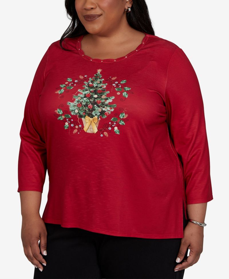 Plus Size Christmas Tree 3/4-Sleeve Braided Neck Top