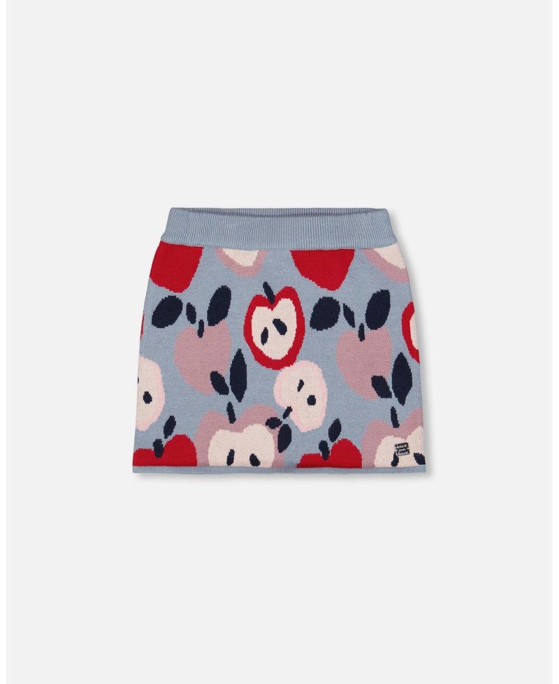 Girl Knit Skirt Blue and Red with Apple Heart Jacquard - Toddler|Child