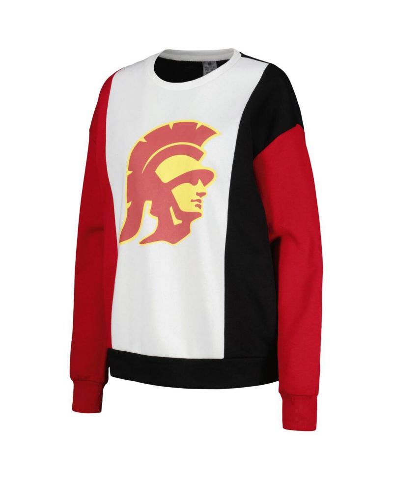 Women's White, Black USC Trojans Vertical Color-Block Pullover Sweatshirt