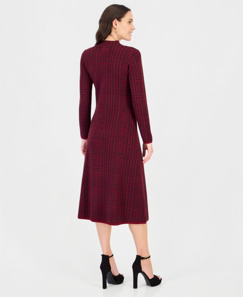 Women's Mock Neck Long-Sleeve Plaid Sweater Dress