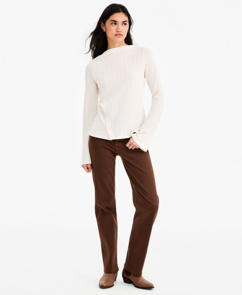 Women's Boat-Neck Asymmetrical-Button-Placket Bell-Sleeve Blouse