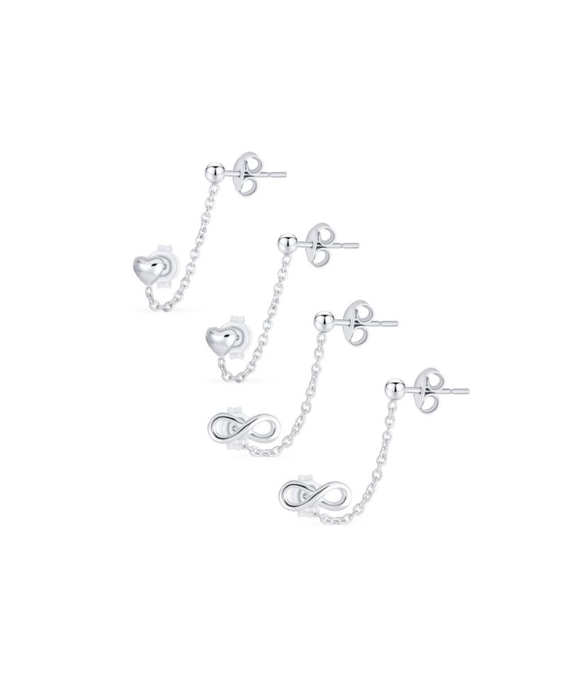 Double Piercing Infinity Heart Ear Cuff Chain Stud Earrings Sterling Silver