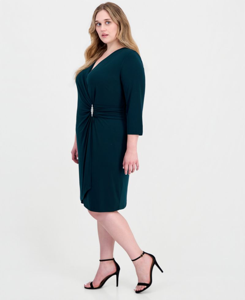 Petite Solid Jersey Mock Wrap V-Neck 3/4 Sleeve Dress