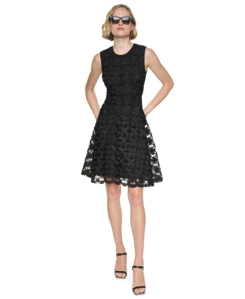 Women's Sleeveless Jewel Neck Lace Fit & Flare Cocktail Dress